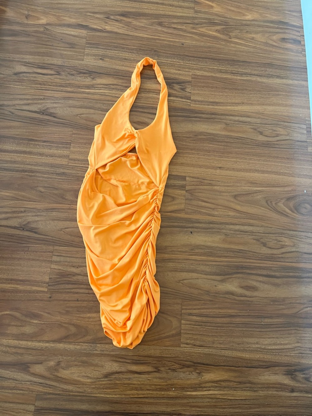 Ruched backless Halter midi Bodycon Dress in Vibrant Orange w/ front cutout